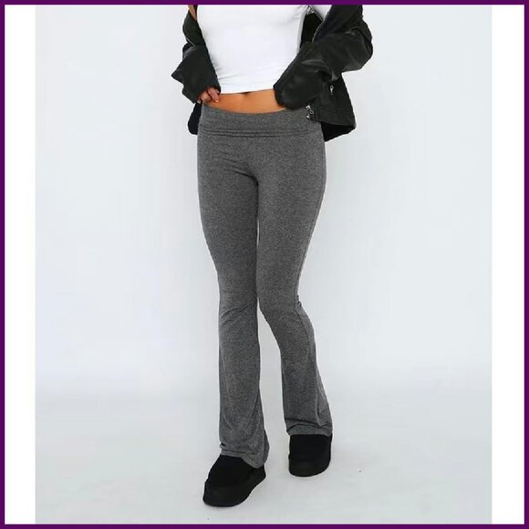 Y2K Flare Leggings Low Rise Fold Over Waist Bootcut Stretchy Yoga Pants - Picture 4 of 7